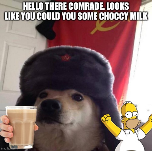 Russian Doge | HELLO THERE COMRADE. LOOKS LIKE YOU COULD YOU SOME CHOCCY MILK | image tagged in russian doge | made w/ Imgflip meme maker