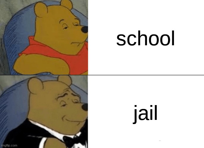 facts | school; jail | image tagged in memes,tuxedo winnie the pooh | made w/ Imgflip meme maker