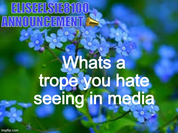 EliseElsie8100 Announcement | Whats a trope you hate seeing in media | image tagged in eliseelsie8100 announcement | made w/ Imgflip meme maker