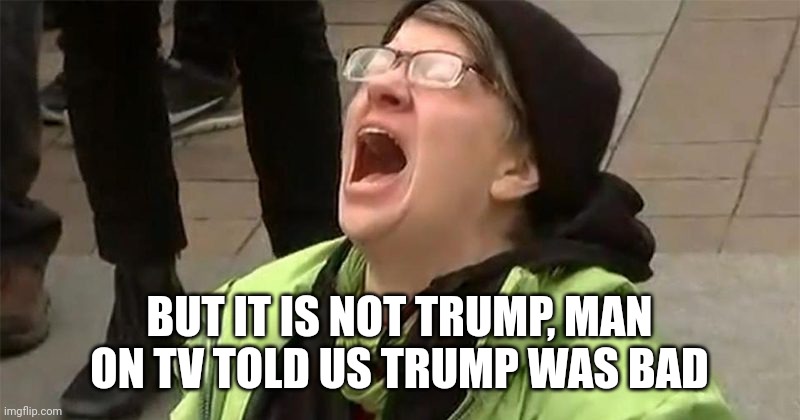 crying liberal | BUT IT IS NOT TRUMP, MAN ON TV TOLD US TRUMP WAS BAD | image tagged in crying liberal | made w/ Imgflip meme maker