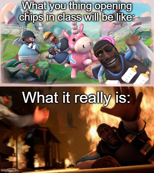 Imagination vs Reality | What you thing opening chips in class will be like: What it really is: | image tagged in imagination vs reality | made w/ Imgflip meme maker