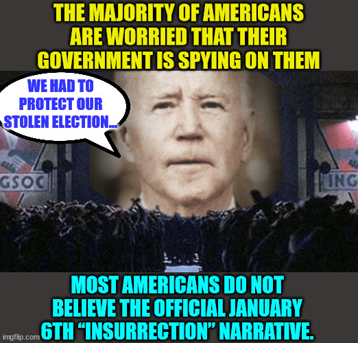 Americans are not stupid...   they don't believe the official narrative lies... | THE MAJORITY OF AMERICANS ARE WORRIED THAT THEIR GOVERNMENT IS SPYING ON THEM; WE HAD TO PROTECT OUR STOLEN ELECTION... MOST AMERICANS DO NOT BELIEVE THE OFFICIAL JANUARY 6TH “INSURRECTION” NARRATIVE. | image tagged in criminal,government,crooked,media,liars | made w/ Imgflip meme maker