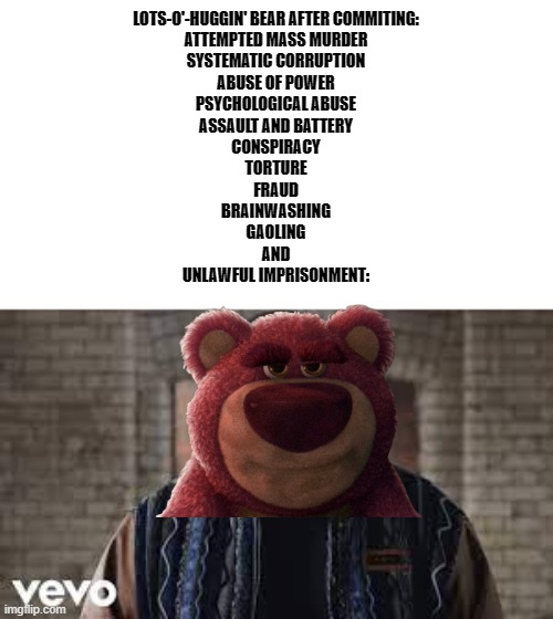 TS3 | LOTS-O'-HUGGIN' BEAR AFTER COMMITING:
ATTEMPTED MASS MURDER
SYSTEMATIC CORRUPTION
ABUSE OF POWER
PSYCHOLOGICAL ABUSE
ASSAULT AND BATTERY
CONSPIRACY
TORTURE
FRAUD
BRAINWASHING
GAOLING
AND
UNLAWFUL IMPRISONMENT: | image tagged in rag 'n' bone man | made w/ Imgflip meme maker