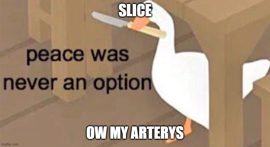 no peace | SLICE; OW MY ARTERYS | image tagged in untitled goose peace was never an option | made w/ Imgflip meme maker