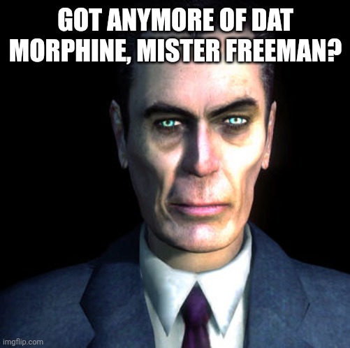 gman | GOT ANYMORE OF DAT MORPHINE, MISTER FREEMAN? | image tagged in gman | made w/ Imgflip meme maker