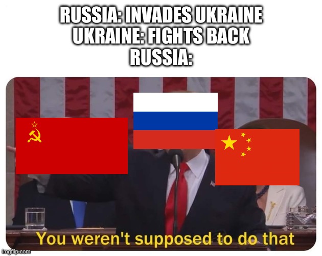 You weren't supposed to do that | RUSSIA: INVADES UKRAINE
UKRAINE: FIGHTS BACK
RUSSIA: | image tagged in you weren't supposed to do that | made w/ Imgflip meme maker