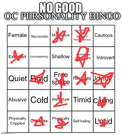 Hoplash OC Personality Bingo | NO GOOD | image tagged in oc personality bingo | made w/ Imgflip meme maker