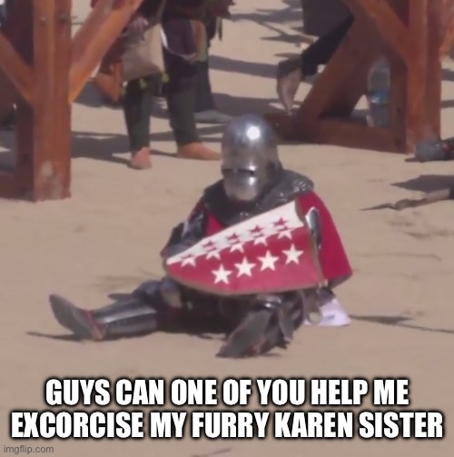 The link to the exorcism will be put in the comments | GUYS CAN ONE OF YOU HELP ME EXCORCISE MY FURRY KAREN SISTER | image tagged in sad crusader noises | made w/ Imgflip meme maker
