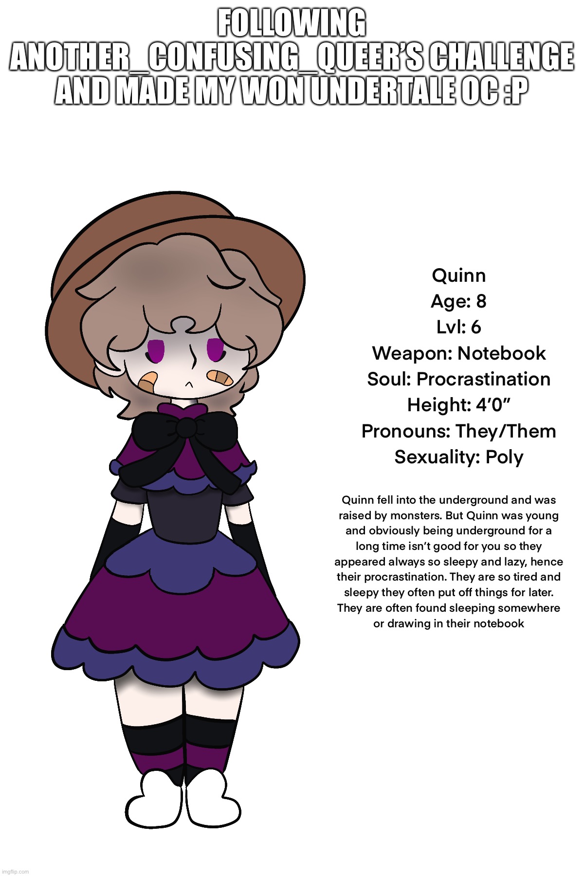 It was fun designing them! Lemme know if you have any more ideas on their lore cause I appreciate it :D | FOLLOWING ANOTHER_CONFUSING_QUEER’S CHALLENGE AND MADE MY WON UNDERTALE OC :P | made w/ Imgflip meme maker