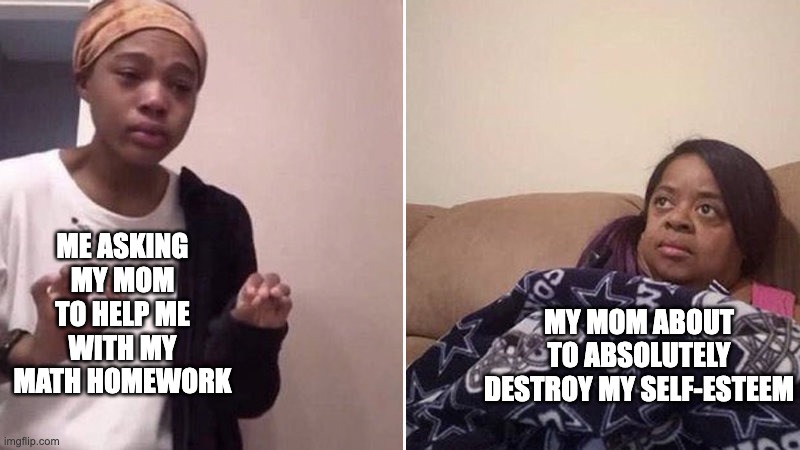 I ask her to help me. JUST HELP ME | ME ASKING MY MOM TO HELP ME WITH MY MATH HOMEWORK; MY MOM ABOUT TO ABSOLUTELY DESTROY MY SELF-ESTEEM | image tagged in me explaining to my mom | made w/ Imgflip meme maker