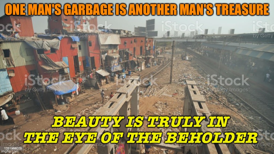 One man's garbage is another man's treasure | ONE MAN'S GARBAGE IS ANOTHER MAN'S TREASURE; BEAUTY IS TRULY IN THE EYE OF THE BEHOLDER | image tagged in dharavi | made w/ Imgflip meme maker