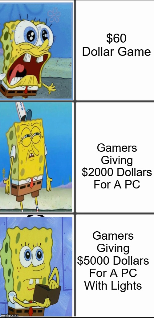 SpongeBob PC Meme | $60 Dollar Game; Gamers Giving $2000 Dollars For A PC; Gamers Giving $5000 Dollars For A PC With Lights | image tagged in stonk by level | made w/ Imgflip meme maker
