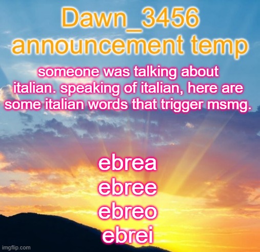 Dawn_3456 announcement | someone was talking about italian. speaking of italian, here are some italian words that trigger msmg. ebrea
ebree
ebreo
ebrei | image tagged in dawn_3456 announcement | made w/ Imgflip meme maker