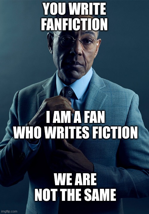 we are not the same | YOU WRITE FANFICTION; I AM A FAN WHO WRITES FICTION; WE ARE NOT THE SAME | image tagged in gus fring we are not the same,writing,writers,fanfiction,we are not the same | made w/ Imgflip meme maker