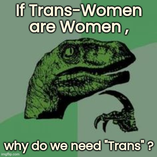 Time raptor  | If Trans-Women are Women , why do we need "Trans" ? | image tagged in time raptor | made w/ Imgflip meme maker