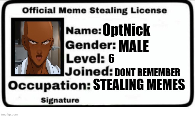 Official Meme Stealing License | OptNick; MALE; 6; DONT REMEMBER; STEALING MEMES | image tagged in official meme stealing license | made w/ Imgflip meme maker