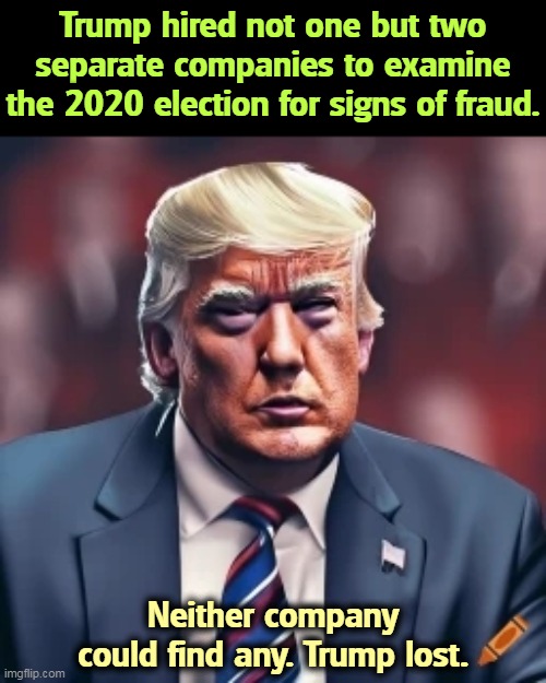 Trump hired not one but two separate companies to examine the 2020 election for signs of fraud. Neither company could find any. Trump lost. | image tagged in trump,lost,election 2020,big,loser,sore loser | made w/ Imgflip meme maker