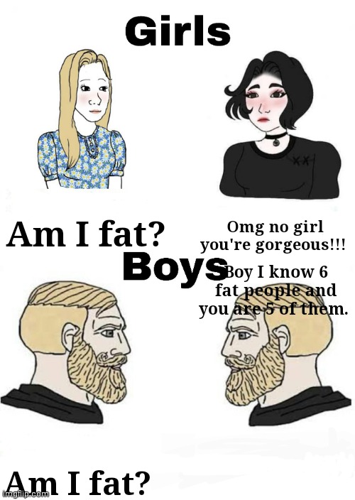Girls vs Boys | Am I fat? Omg no girl you're gorgeous!!! Boy I know 6 fat people and you are 5 of them. Am I fat? | image tagged in girls vs boys | made w/ Imgflip meme maker