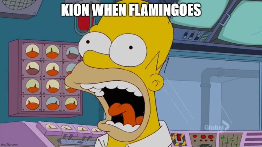 He just can't stay calm | KION WHEN FLAMINGOES | image tagged in homer screaming at the power plant | made w/ Imgflip meme maker