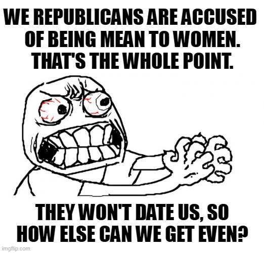 The Party of Revenge Strikes Again! | WE REPUBLICANS ARE ACCUSED 
OF BEING MEAN TO WOMEN.
THAT'S THE WHOLE POINT. THEY WON'T DATE US, SO HOW ELSE CAN WE GET EVEN? | image tagged in anger,right wing,conservatives,hate,women,misogyny | made w/ Imgflip meme maker