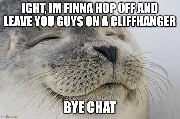 Satisfied Seal | IGHT, IM FINNA HOP OFF AND LEAVE YOU GUYS ON A CLIFFHANGER; BYE CHAT | image tagged in memes,satisfied seal | made w/ Imgflip meme maker