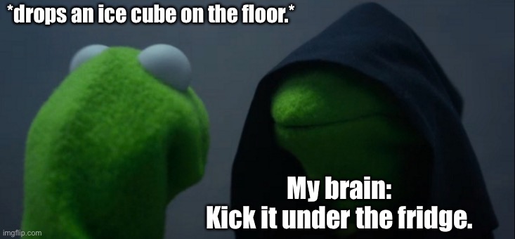 When i drop an ice cube: | *drops an ice cube on the floor.*; My brain:
Kick it under the fridge. | image tagged in memes,evil kermit | made w/ Imgflip meme maker