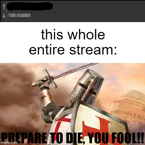 TO WAR!! | this whole entire stream:; PREPARE TO DIE, YOU FOOL!! | image tagged in funny,memes,crusader,fun | made w/ Imgflip meme maker