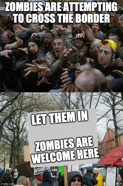 Ilegal Zombies | ZOMBIES ARE ATTEMPTING TO CROSS THE BORDER; LET THEM IN; ZOMBIES ARE WELCOME HERE | image tagged in zombies approaching,blank protest sign | made w/ Imgflip meme maker