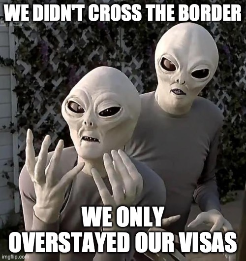 Illegal Aliens Taking Advantage of Weak Immigration Laws | WE DIDN'T CROSS THE BORDER; WE ONLY OVERSTAYED OUR VISAS | image tagged in aliens | made w/ Imgflip meme maker