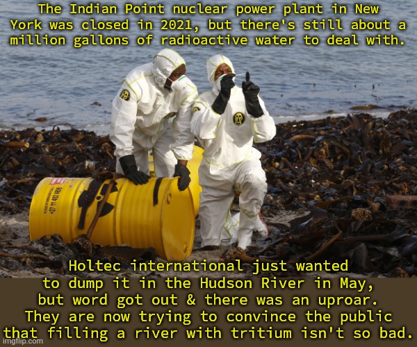 There were accidental (?) discharges into the river while the plant was running. | The Indian Point nuclear power plant in New York was closed in 2021, but there's still about a
million gallons of radioactive water to deal with. Holtec international just wanted to dump it in the Hudson River in May, but word got out & there was an uproar. They are now trying to convince the public that filling a river with tritium isn't so bad. | image tagged in scientists nuclear waste beach,pollution | made w/ Imgflip meme maker