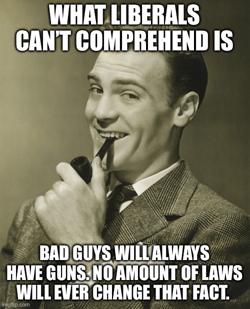 Smug | WHAT LIBERALS CAN’T COMPREHEND IS BAD GUYS WILL ALWAYS HAVE GUNS. NO AMOUNT OF LAWS WILL EVER CHANGE THAT FACT. | image tagged in smug | made w/ Imgflip meme maker