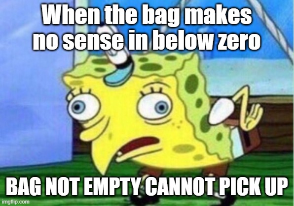 HUH??????? | When the bag makes no sense in below zero; BAG NOT EMPTY CANNOT PICK UP | image tagged in memes,mocking spongebob | made w/ Imgflip meme maker