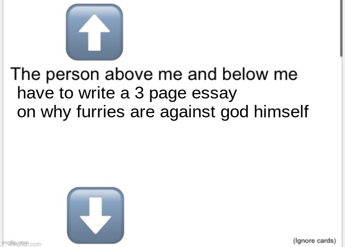 Person above below | have to write a 3 page essay on why furries are against god himself | image tagged in person above below | made w/ Imgflip meme maker