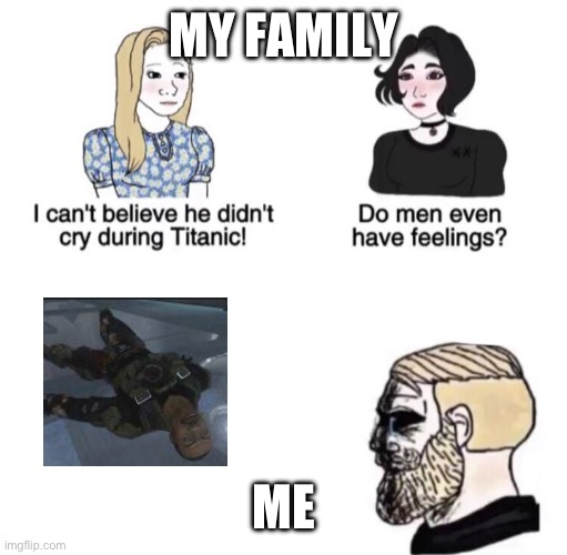 R.I.P Johnson from halo | MY FAMILY; ME | image tagged in chad crying | made w/ Imgflip meme maker