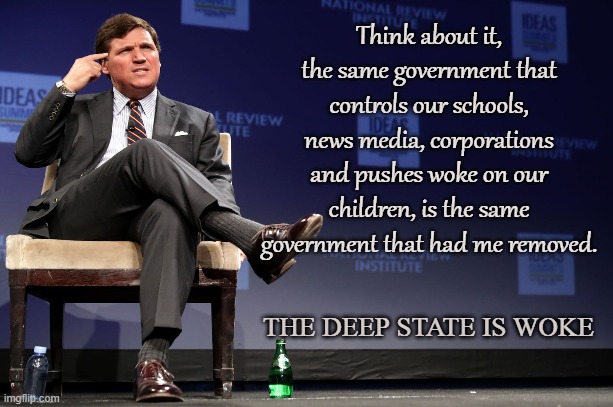 Government Monopolized Control | Think about it, the same government that controls our schools, news media, corporations and pushes woke on our children, is the same government that had me removed. THE DEEP STATE IS WOKE | image tagged in tucker carlson,woke,conservative,government,news media,deep state | made w/ Imgflip meme maker