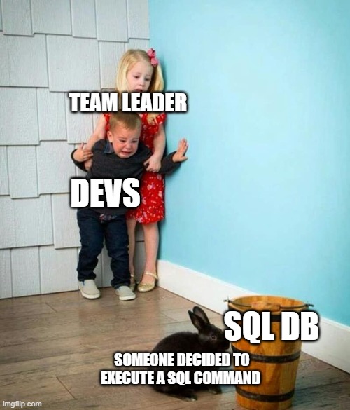 Children scared of rabbit | TEAM LEADER; DEVS; SQL DB; SOMEONE DECIDED TO EXECUTE A SQL COMMAND | image tagged in children scared of rabbit | made w/ Imgflip meme maker