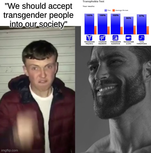 (not real test results, I was trying to get the 100% for the meme. I only got like a 70% score for real) | "We should accept transgender people into our society" | image tagged in average fan vs average enjoyer | made w/ Imgflip meme maker