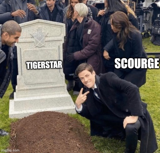 Scourge victory Warrior Cats | SCOURGE; TIGERSTAR | image tagged in grant gustin over grave | made w/ Imgflip meme maker