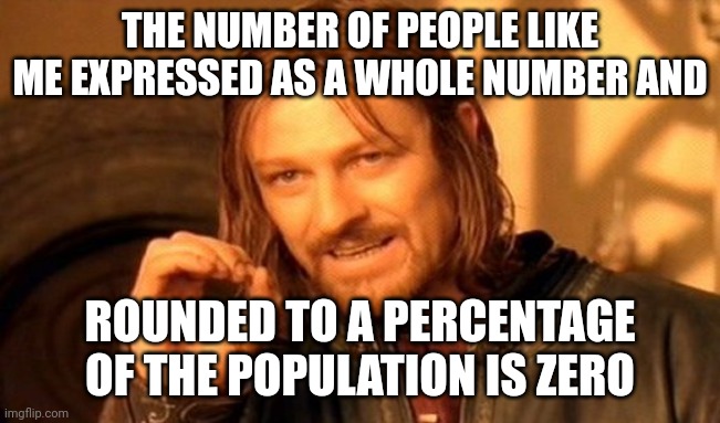 Zero is your answer | THE NUMBER OF PEOPLE LIKE ME EXPRESSED AS A WHOLE NUMBER AND; ROUNDED TO A PERCENTAGE OF THE POPULATION IS ZERO | image tagged in memes,one does not simply,smartass,smart guy | made w/ Imgflip meme maker