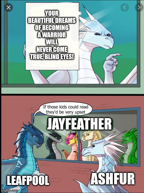 Jayfeather dream mocks  WARRIOR CATS | YOUR BEAUTIFUL DREAMS OF BECOMING A WARRIOR WILL NEVER COME TRUE, BLIND EYES! JAYFEATHER; ASHFUR; LEAFPOOL | image tagged in wings of fire those kids could read they'd be very upset | made w/ Imgflip meme maker