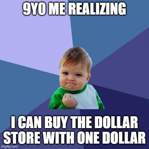 Success Kid Meme | 9Y0 ME REALIZING; I CAN BUY THE DOLLAR STORE WITH ONE DOLLAR | image tagged in memes,success kid | made w/ Imgflip meme maker