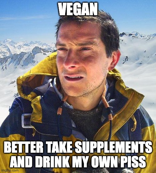 vegan, no not the lifestyle, the ones that argue with you about nothing | VEGAN; BETTER TAKE SUPPLEMENTS AND DRINK MY OWN PISS | image tagged in memes,bear grylls,vegan,urine therapy,supplements | made w/ Imgflip meme maker
