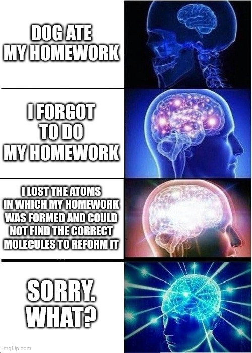 Expanding Brain | DOG ATE MY HOMEWORK; I FORGOT TO DO MY HOMEWORK; I LOST THE ATOMS IN WHICH MY HOMEWORK WAS FORMED AND COULD NOT FIND THE CORRECT MOLECULES TO REFORM IT; SORRY. WHAT? | image tagged in memes,expanding brain | made w/ Imgflip meme maker