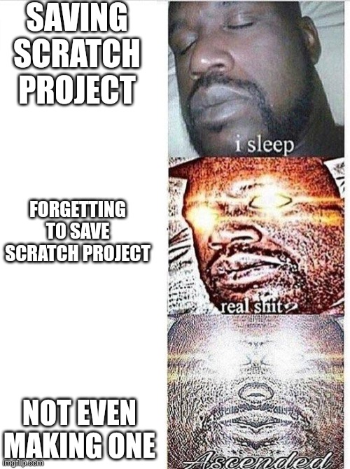 I sleep meme with ascended template | SAVING SCRATCH PROJECT; FORGETTING TO SAVE SCRATCH PROJECT; NOT EVEN MAKING ONE | image tagged in i sleep meme with ascended template | made w/ Imgflip meme maker