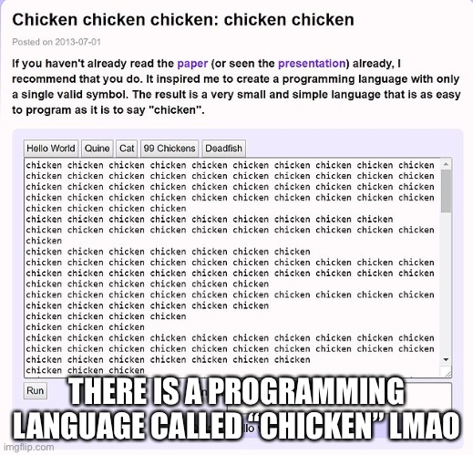 Lmao | THERE IS A PROGRAMMING LANGUAGE CALLED “CHICKEN” LMAO | made w/ Imgflip meme maker