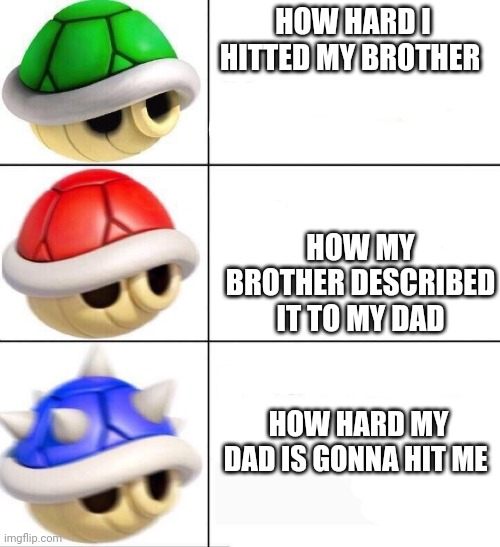 mario kart shells | HOW HARD I HITTED MY BROTHER; HOW MY BROTHER DESCRIBED IT TO MY DAD; HOW HARD MY DAD IS GONNA HIT ME | image tagged in mario kart shells,dad,brother,funny memes,oh wow are you actually reading these tags | made w/ Imgflip meme maker
