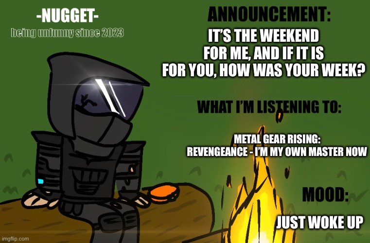 I literally just woke up | IT’S THE WEEKEND FOR ME, AND IF IT IS FOR YOU, HOW WAS YOUR WEEK? METAL GEAR RISING: REVENGEANCE - I’M MY OWN MASTER NOW; JUST WOKE UP | image tagged in sleep,polls,question,weekend | made w/ Imgflip meme maker