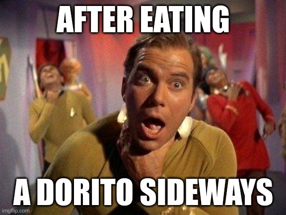 fgjjjjjj | AFTER EATING; A DORITO SIDEWAYS | image tagged in captain kirk choke | made w/ Imgflip meme maker