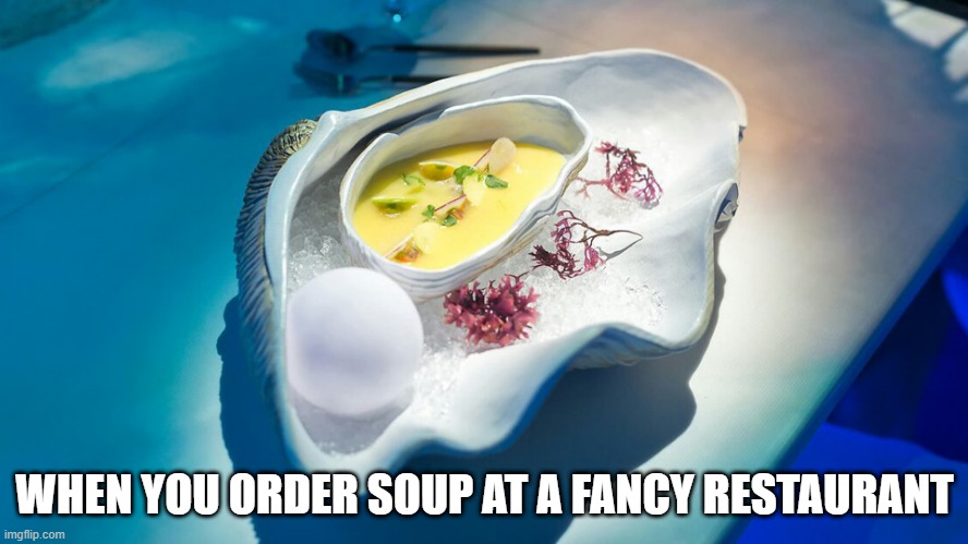 Can I Haves Some More??? | WHEN YOU ORDER SOUP AT A FANCY RESTAURANT | image tagged in food | made w/ Imgflip meme maker