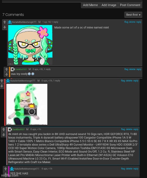 The comments on a post about splatoon when I showed my art were absolute CHAOS | made w/ Imgflip meme maker